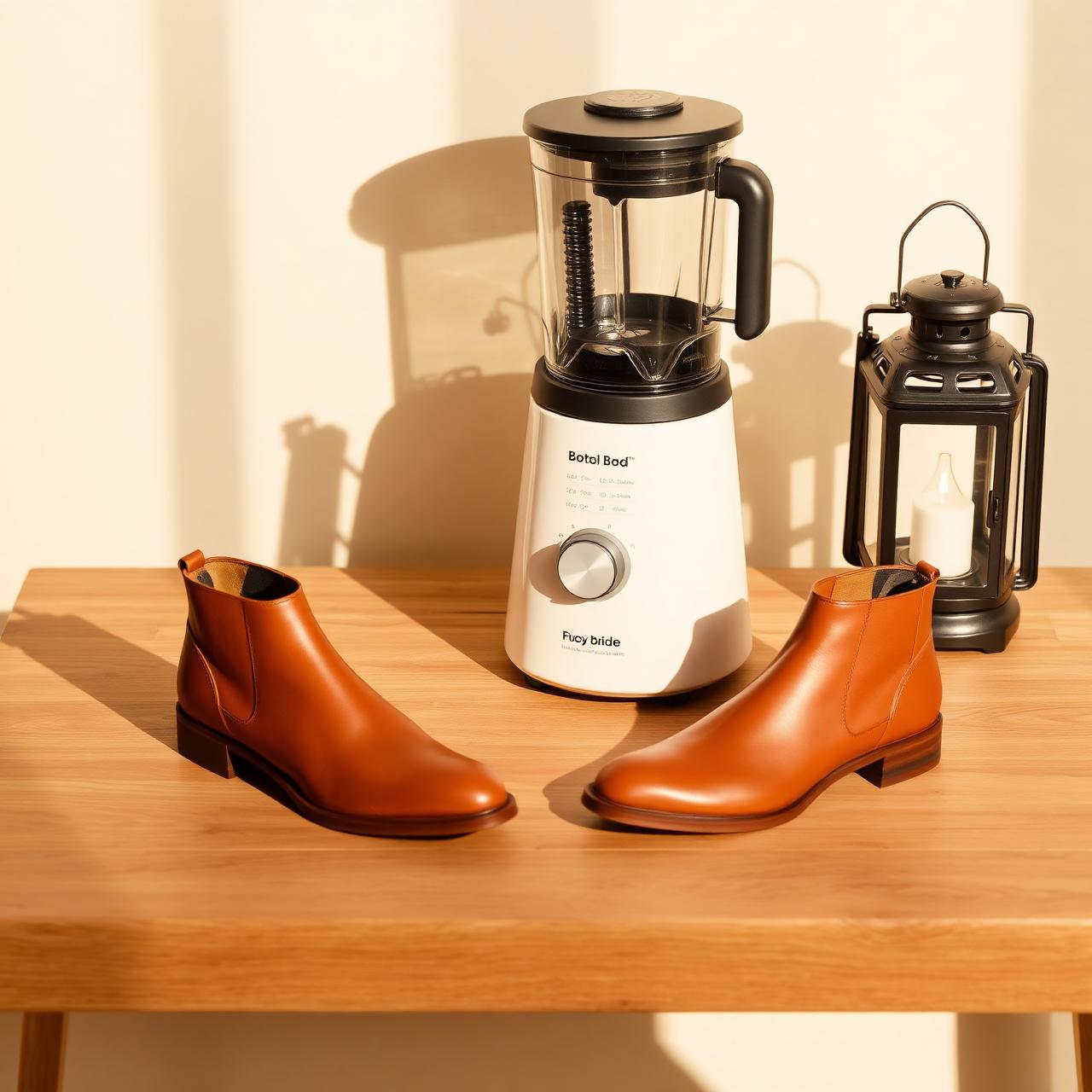 Box Drop products: blender, leather boots and solar lantern on a warm wooden table